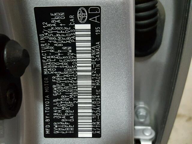 2T1BU4EE4CC850877 - 2012 TOYOTA COROLLA BA SILVER photo 10