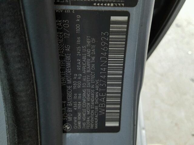 WBAET37414NJ46923 - 2004 BMW 325 I GRAY photo 10