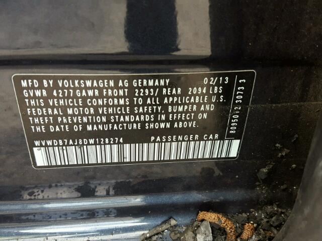 WVWDB7AJ8DW128274 - 2013 VOLKSWAGEN GOLF BLUE photo 10