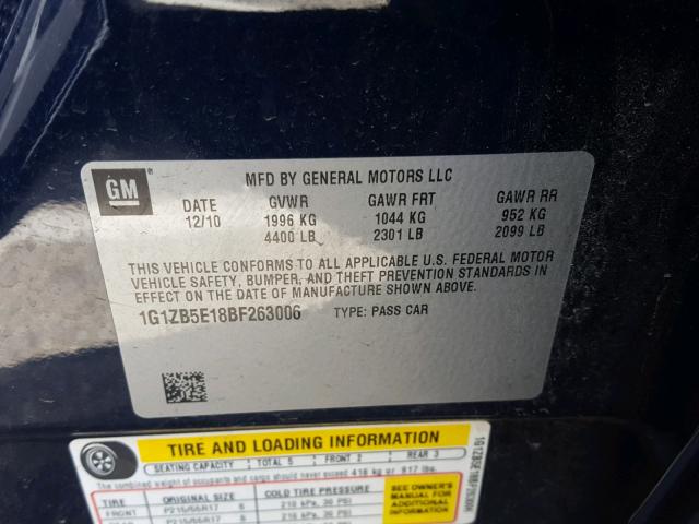 1G1ZB5E18BF263006 - 2011 CHEVROLET MALIBU LS ლურჯი ფოტო 10