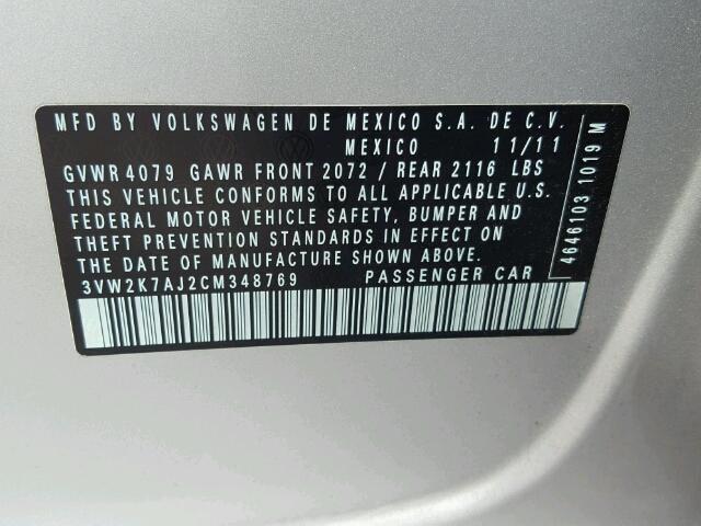 3VW2K7AJ2CM348769 - 2012 VOLKSWAGEN JETTA BASE 银色 照片 10