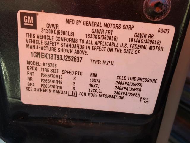 1GNEK13T93J252637 - 2003 CHEVROLET TAHOE K150 CHARCOAL photo 10