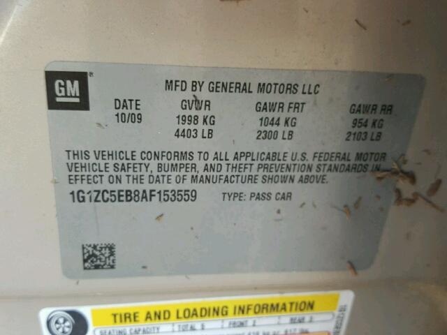 1G1ZC5EB8AF153559 - 2010 CHEVROLET MALIBU ოქროსფერი ფოტო 10