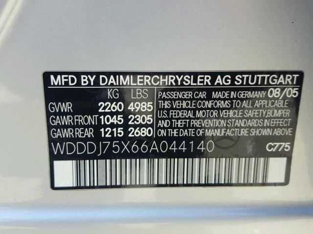 WDDDJ75X66A044140 - 2006 MERCEDES-BENZ CLS 500C SILVER photo 10