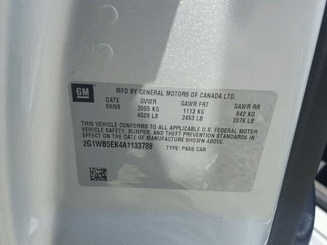 2G1WB5EK4A1133788 - 2010 CHEVROLET IMPALA 银色 照片 10