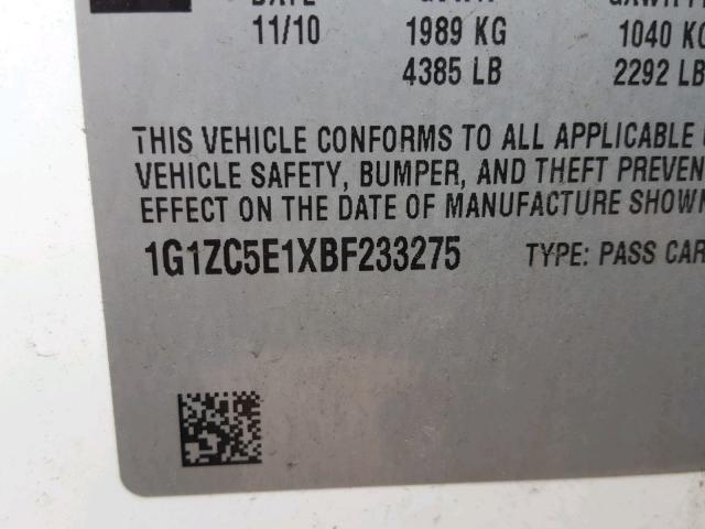 1G1ZC5E1XBF233275 - 2011 CHEVROLET MALIBU 1LT 白色 照片 10