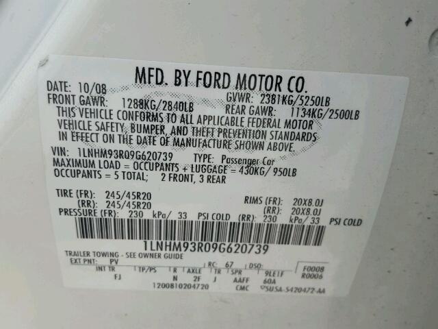 1LNHM93R09G620739 - 2009 LINCOLN MKS WHITE photo 10