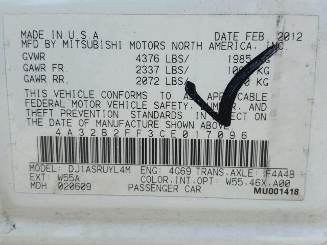 4A32B2FF3CE017096 - 2012 MITSUBISHI GALANT FE WHITE photo 10