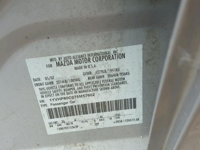 1YVHP80C075M57602 - 2007 MAZDA 6 I Silber Foto 10