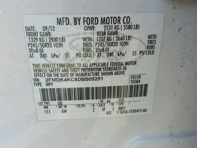 2FMDK4KC8DBB05251 - 2013 FORD EDGE LIMIT WHITE photo 10