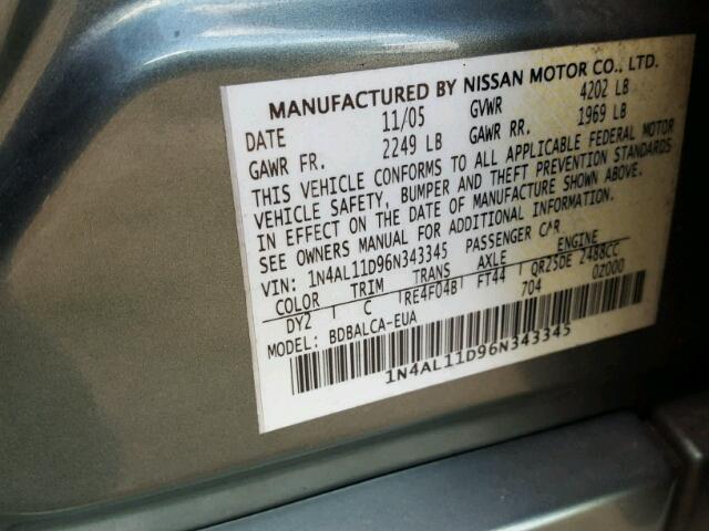 1N4AL11D96N343345 - 2006 NISSAN ALTIMA GREEN photo 10