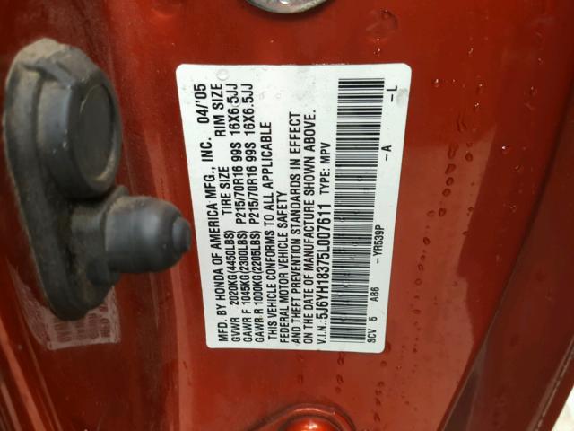 5J6YH18375L007611 - 2005 HONDA ELEMENT LX ORANGE photo 10