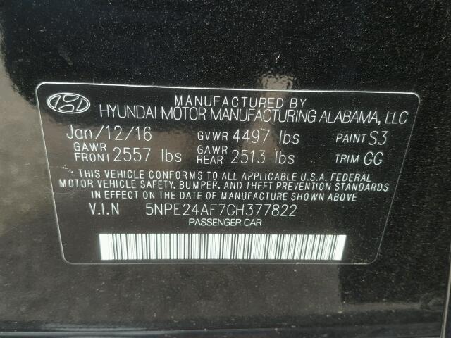 5NPE24AF7GH377822 - 2016 HYUNDAI SONATA BLACK photo 10