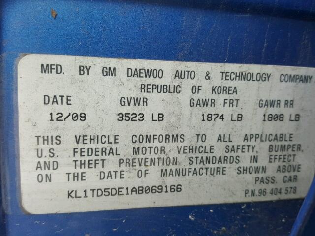 KL1TD5DE1AB069166 - 2010 CHEVROLET AVEO LS BLUE photo 10