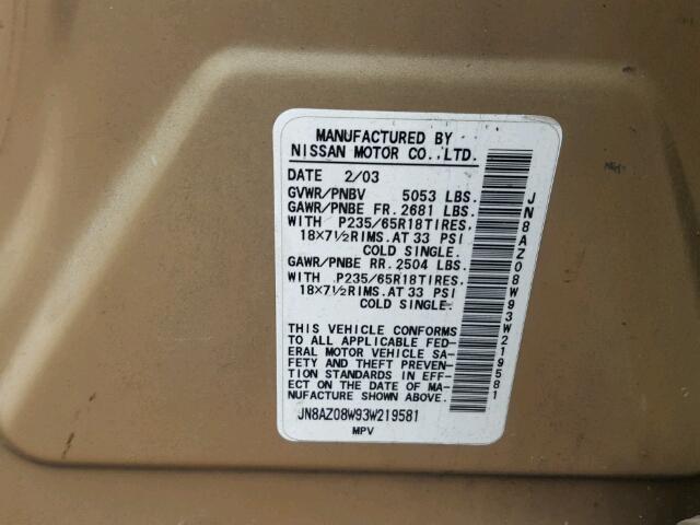 JN8AZ08W93W219581 - 2003 NISSAN MURANO GOLD photo 10