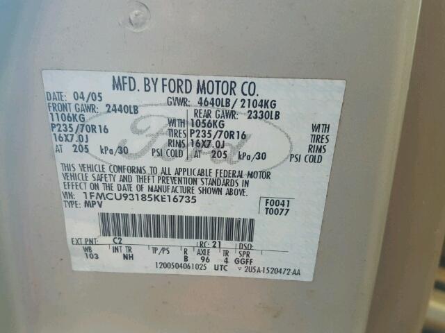 1FMCU93185KE16735 - 2005 FORD ESCAPE XLT TAN photo 10