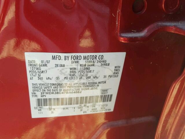 2FMDK38C47BA64882 - 2007 FORD EDGE SEL BURGUNDY photo 10