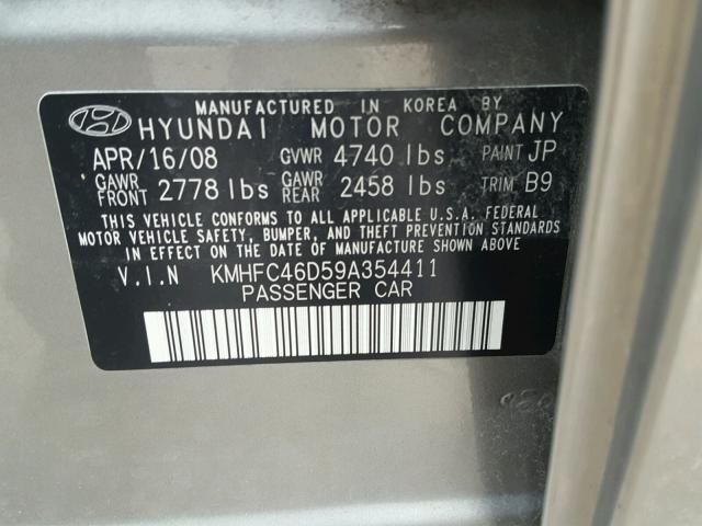 KMHFC46D59A354411 - 2009 HYUNDAI AZERA GLS GRAY photo 10