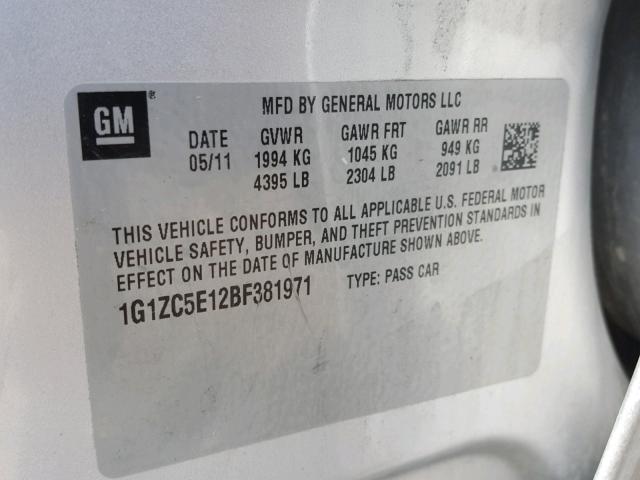 1G1ZC5E12BF381971 - 2011 CHEVROLET MALIBU 1LT 银色 照片 10