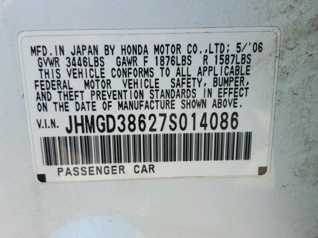 JHMGD38627S014086 - 2007 HONDA FIT S 白色 照片 10