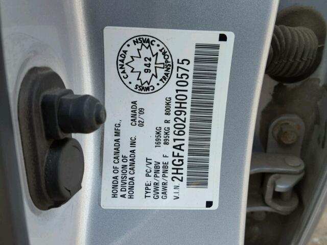 2HGFA16029H010575 - 2009 HONDA CIVIC EXL 银色 照片 10