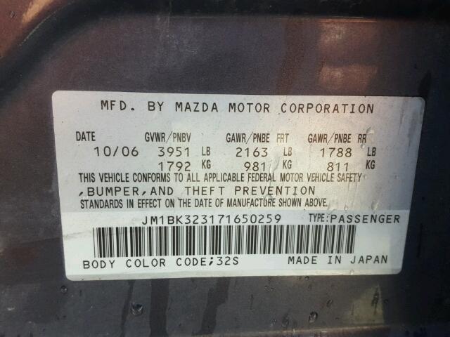 JM1BK323171650259 - 2007 MAZDA 3 GRAY photo 10