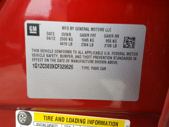 1G1ZC5E0XCF329626 - 2012 CHEVROLET MALIBU 1LT 红色 照片 10
