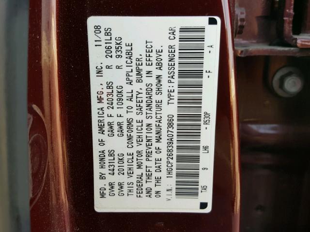 1HGCP26839A073860 - 2009 HONDA ACCORD EXL BURGUNDY photo 10