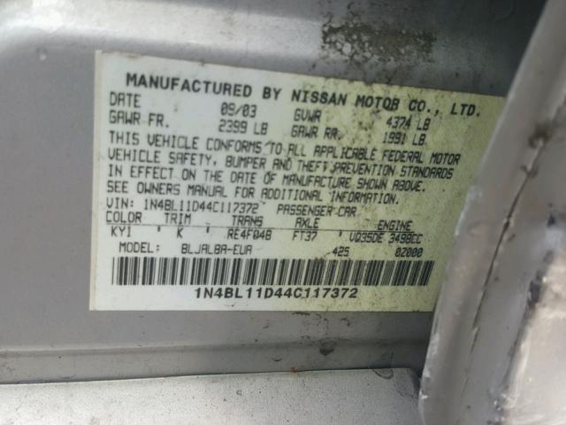 1N4BL11D44C117372 - 2004 NISSAN ALTIMA SE SILVER photo 10