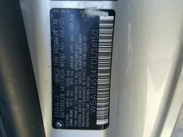 WBABN53471JU36150 - 2001 BMW 330 CI SILVER photo 10