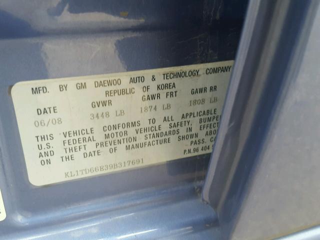 KL1TD66E39B317691 - 2009 CHEVROLET AVEO LS BLUE photo 10