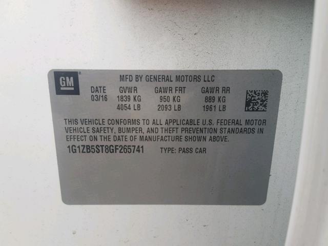 1G1ZB5ST8GF265741 - 2016 CHEVROLET MALIBU LS WHITE photo 10