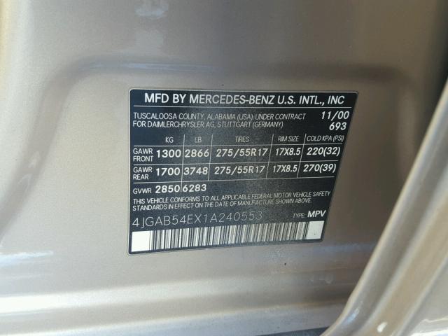 4JGAB54EX1A240553 - 2001 MERCEDES-BENZ ML SILVER photo 10