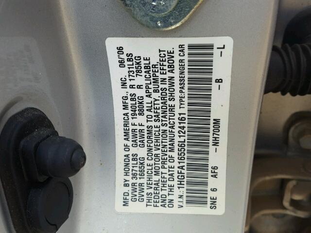 1HGFA16556L124161 - 2006 HONDA CIVIC SILVER photo 10