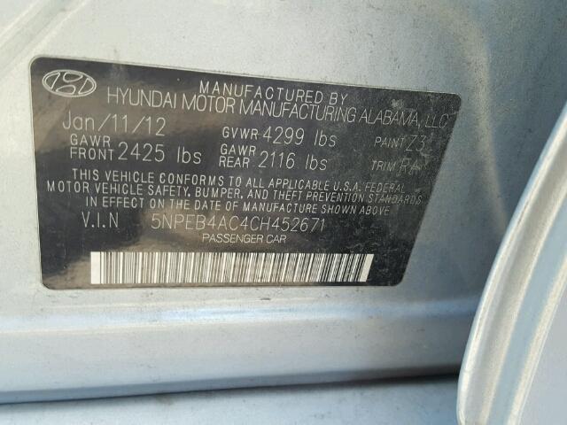 5NPEB4AC4CH452671 - 2012 HYUNDAI SONATA GLS SILVER photo 10