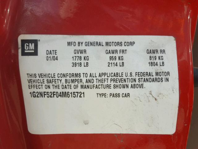 1G2NF52F04M615721 - 2004 PONTIAC GRAND AM S 红色 照片 10