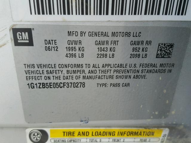 1G1ZB5E05CF370278 - 2012 CHEVROLET MALIBU LS 灰色 照片 10