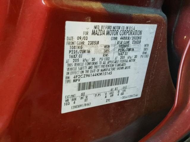 4F2CZ96144KM15145 - 2004 MAZDA TRIBUTE ES 红色 照片 10