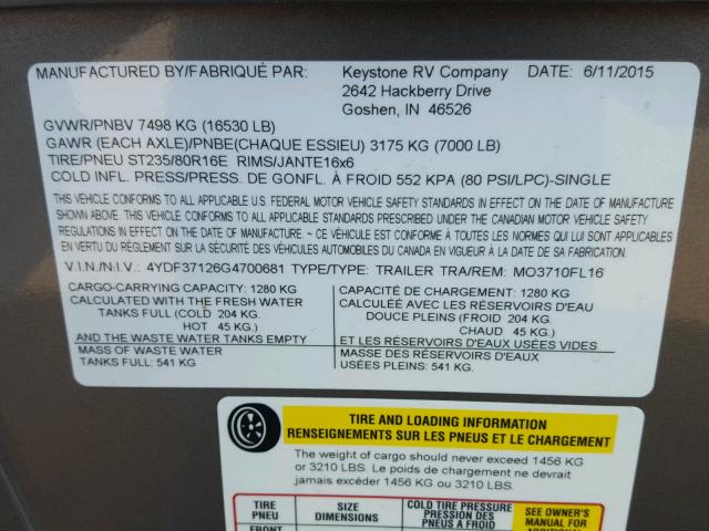 4YDF37126G4700681 - 2016 KEYSTONE MONTANA BROWN photo 10