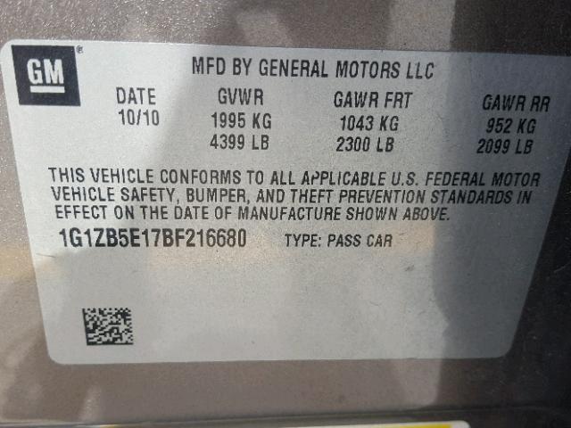 1G1ZB5E17BF216680 - 2011 CHEVROLET MALIBU LS ნაცრისფერი ფოტო 10