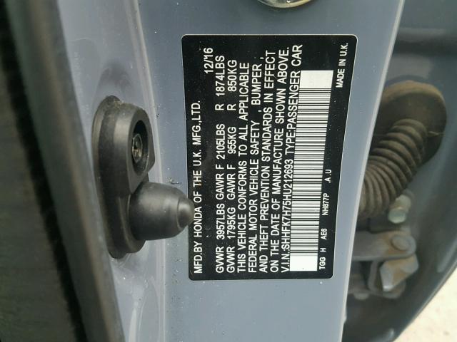 SHHFK7H75HU212693 - 2017 HONDA CIVIC EXL 蓝色 照片 10