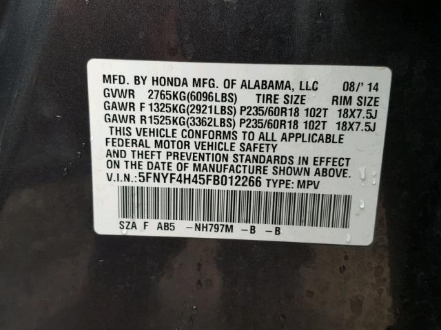 5FNYF4H45FB012266 - 2015 HONDA PILOT EX GRAY photo 10