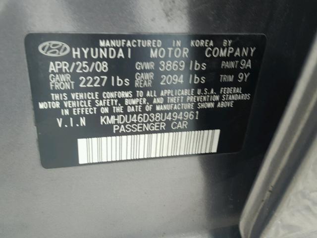 KMHDU46D38U494961 - 2008 HYUNDAI ELANTRA GL GRAY photo 10