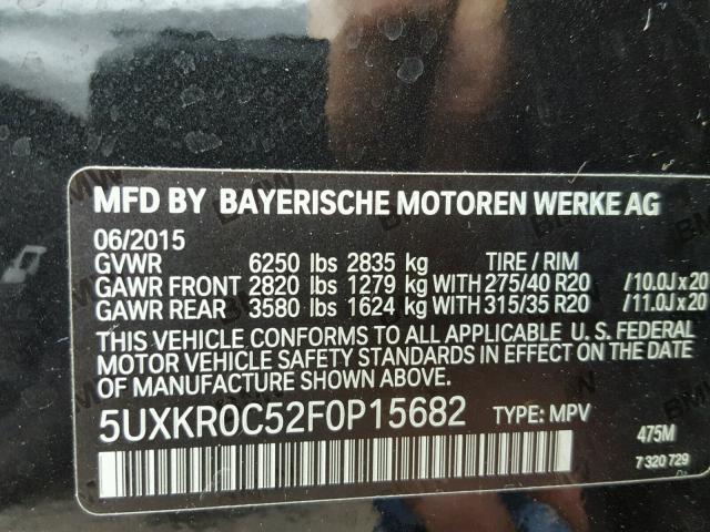 5UXKR0C52F0P15682 - 2015 BMW X5 XDRIVE3 BLACK photo 10