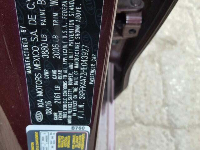 3KPFK4A72HE043927 - 2017 KIA FORTE LX BURGUNDY photo 10