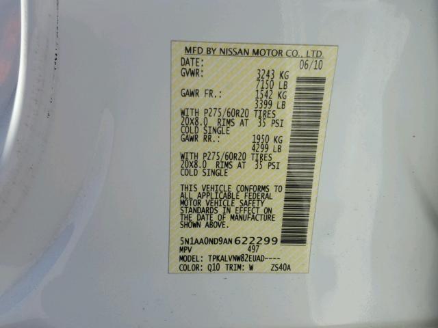 5N1AA0ND9AN622299 - 2010 NISSAN ARMADA SE WHITE photo 10