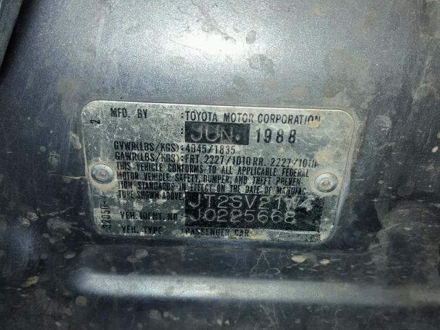 JT2SV21W4J0225668 - 1988 TOYOTA CAMRY DLX GRAY photo 10