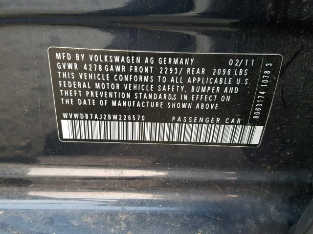 WVWDB7AJ2BW226570 - 2011 VOLKSWAGEN GOLF BLUE photo 10