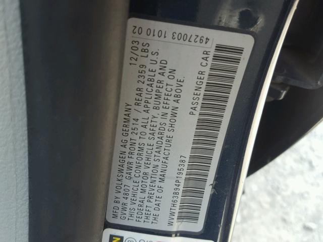 WVWTH63B94P195387 - 2004 VOLKSWAGEN PASSAT GLX SILVER photo 10