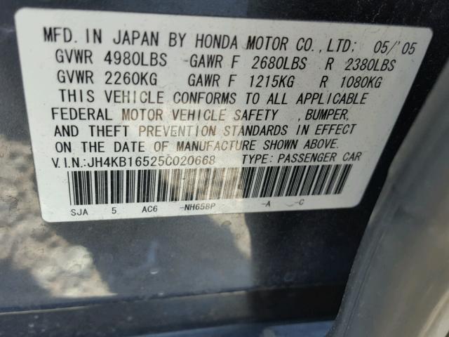 JH4KB16525C020668 - 2005 ACURA RL GRAY photo 10